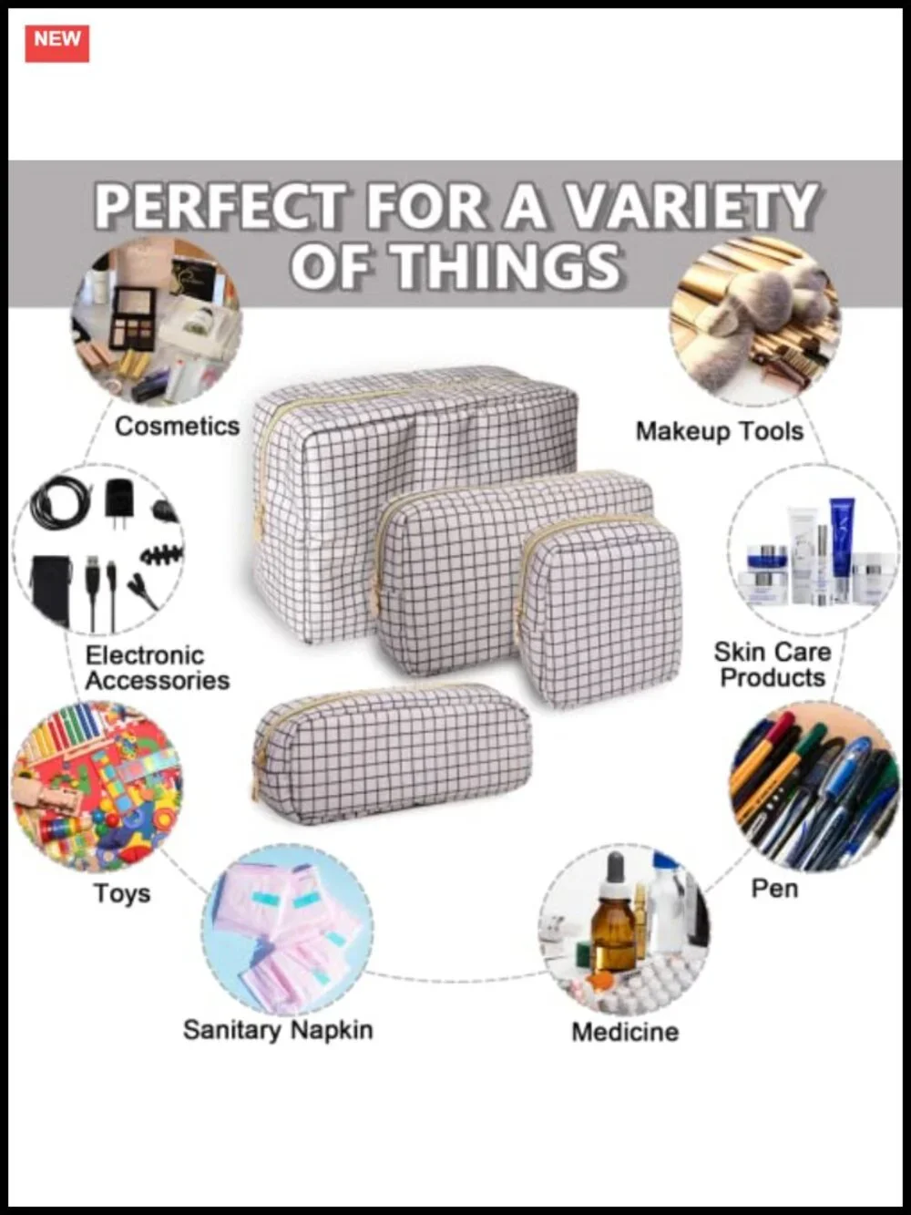 Waterproof Nylon Travel Toiletry Storage Bag with Zipper Preppy Checkered